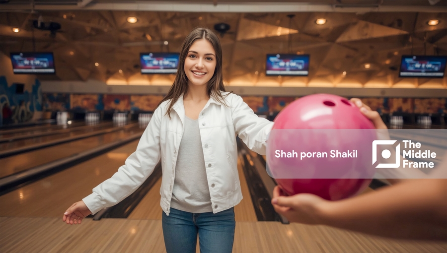 A woman holding a bowling ball in her hand