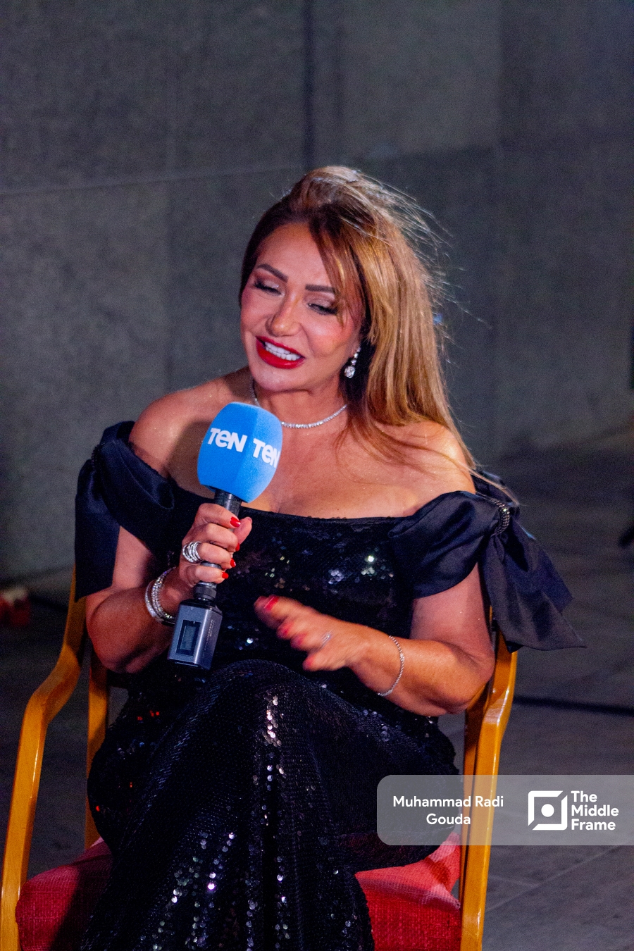 Laila Elwi speaking in an interview at the Alexandria International Film Festival for Mediterranean Countries