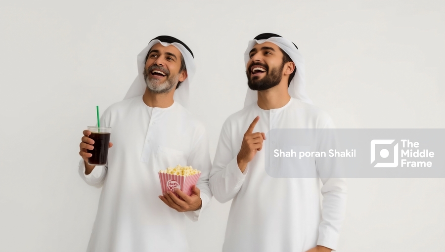 Two men in white clothes are holding a drink and a popcorn