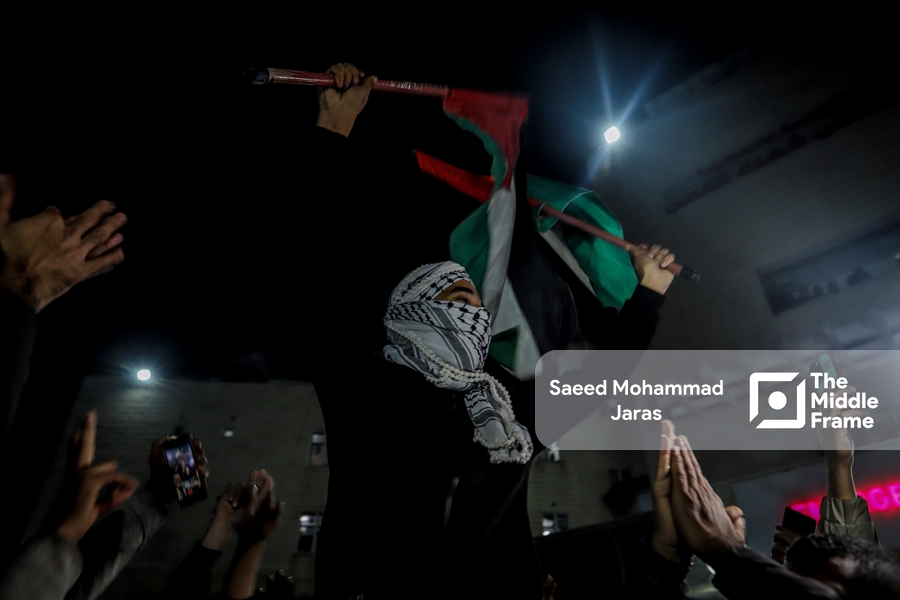 Palestinians celebrating the announcement of a ceasefire.