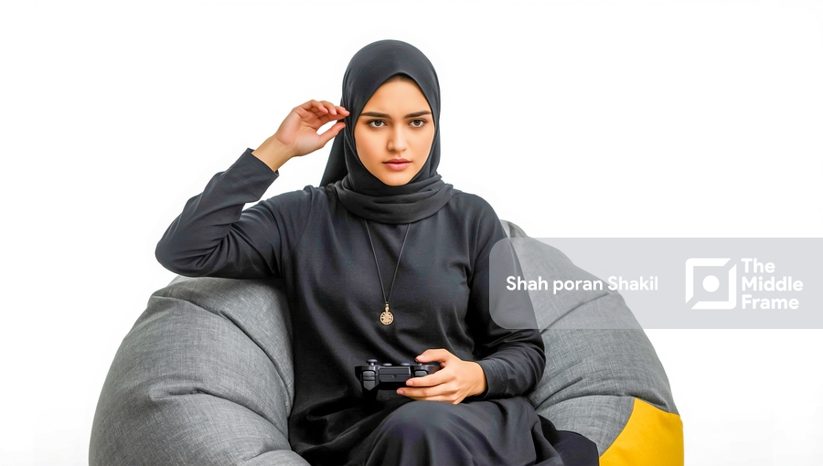 A woman sitting on a beanbag chair