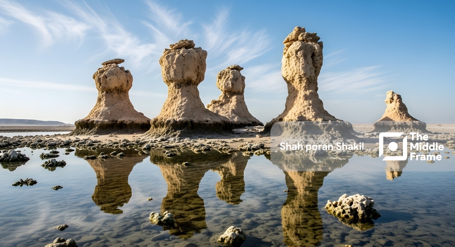 A rock formation in the desert, in the middle of the water.