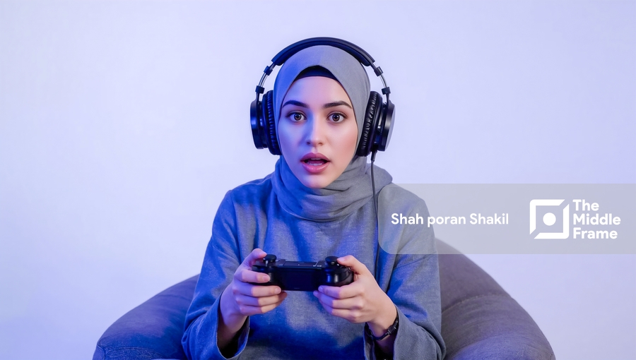 An AI-generated photo of a woman sitting and playing video games
