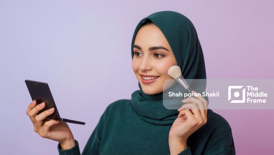 A woman in a green clothes holding a brush and a mirror