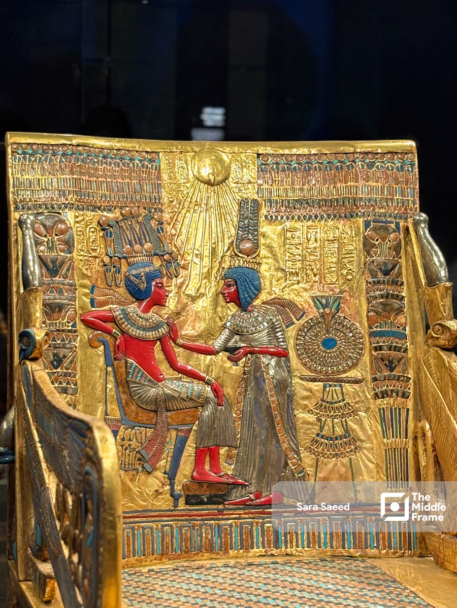 An ancient golden chair at the Grand Egyptian Museum