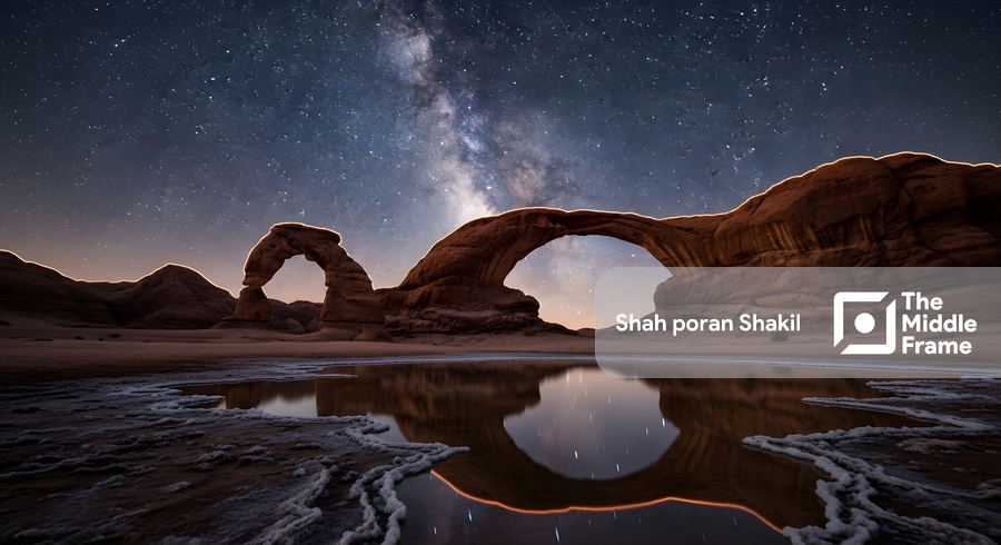 A rock formation in the desert, shaped like an arch amidst the water.