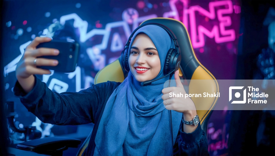A woman wearing headphones and a scarf, sitting in front of a computer