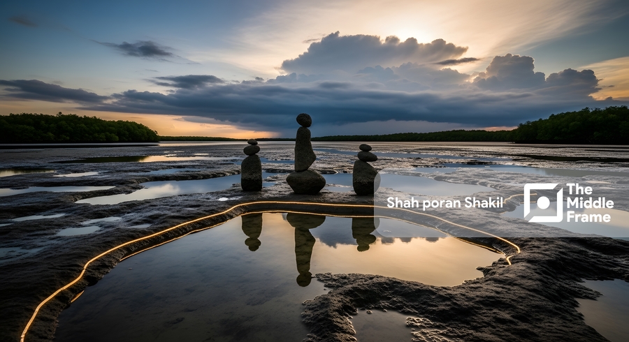 A rock formation in the desert, in the middle of the water.