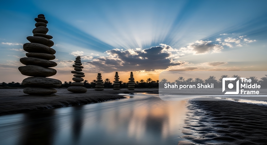 A rock formation in the desert, in the middle of the water.