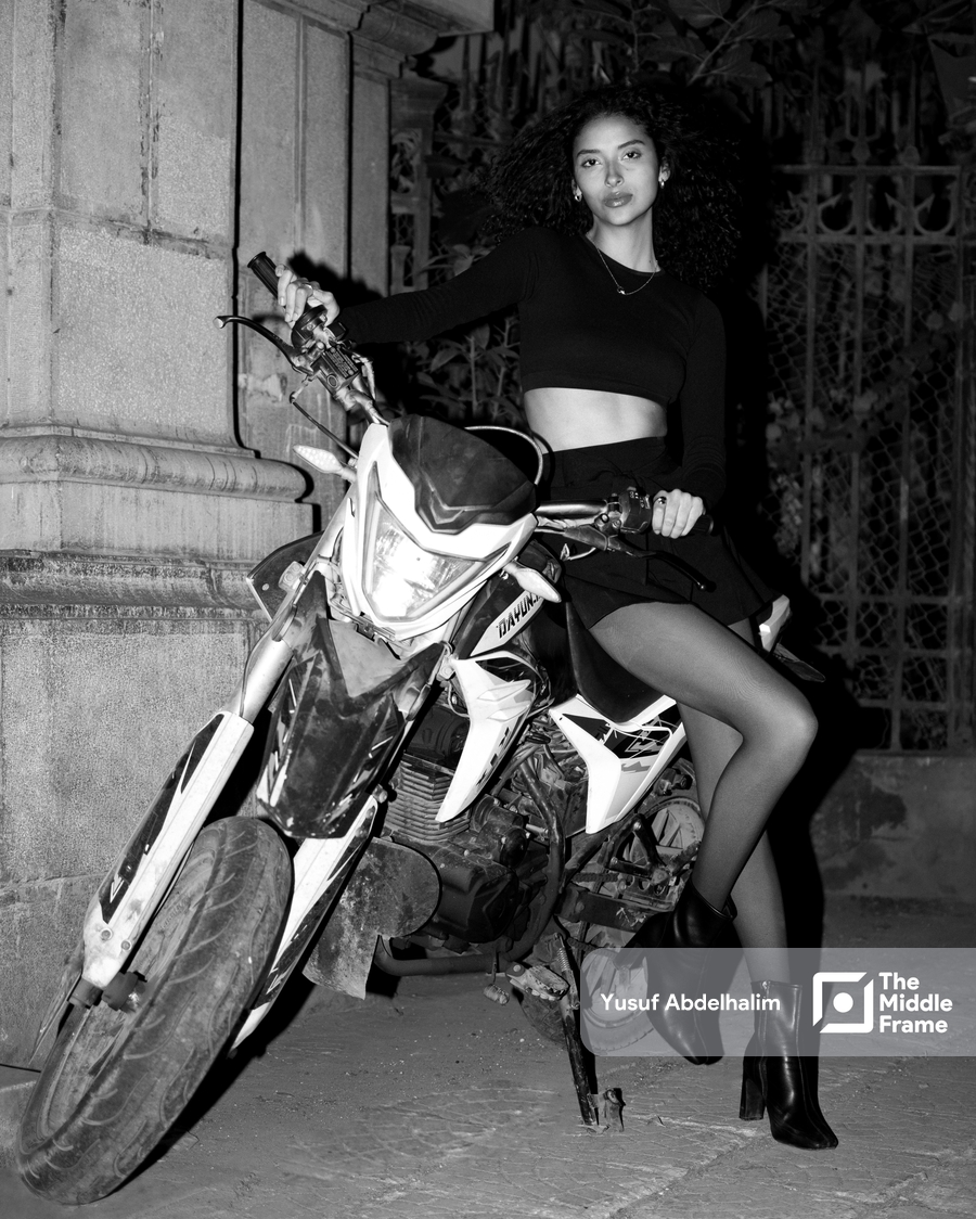 A monochrome portrait of a model.