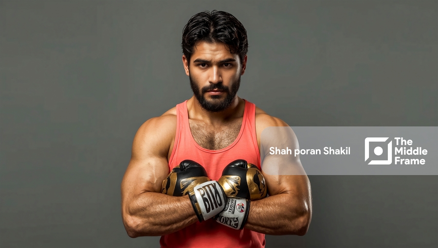 A man with a beard and a red tank top, standing in front of a gray background