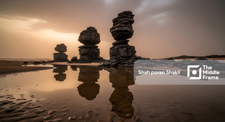 A rock formation in the desert, in the middle of the water.