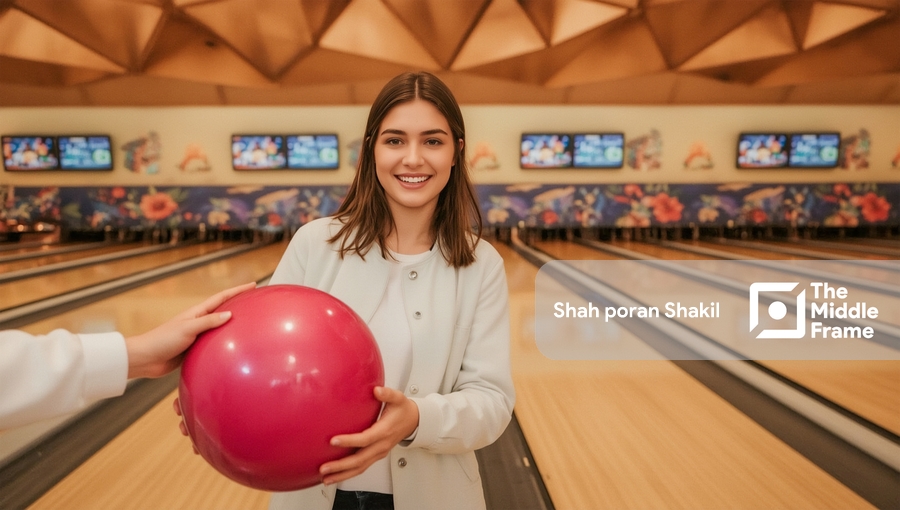 A woman holding a bowling ball in her hand