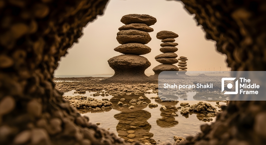 A rock formation in the desert, in the middle of the water.