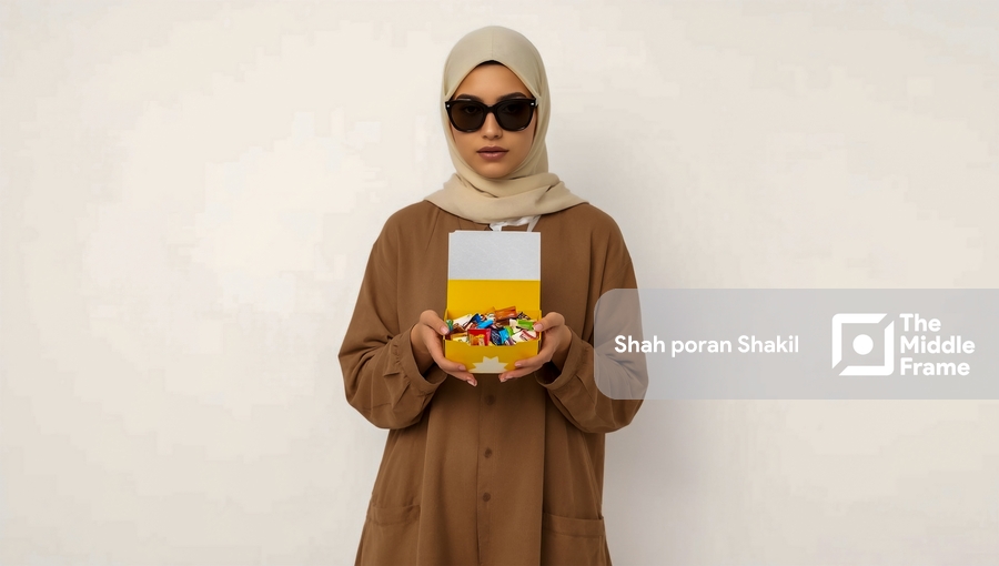 A woman in a brown dress holding a box of chocolate