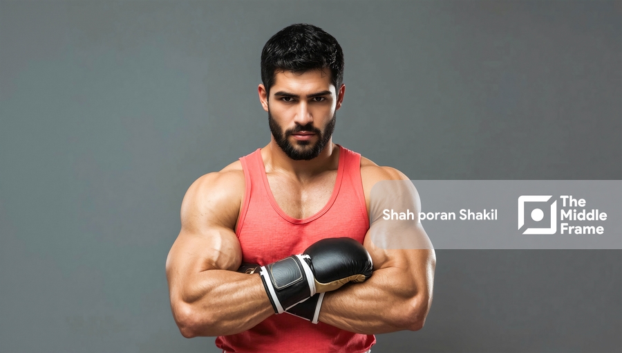 A Man with a beard and a red tank top is posing with his arms crossed