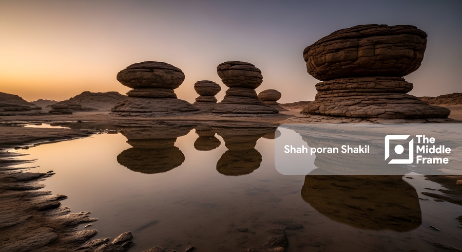 A rock formation in the desert, in the middle of the water.