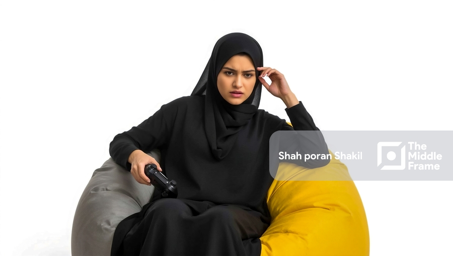 A woman sitting on a bean bag chair