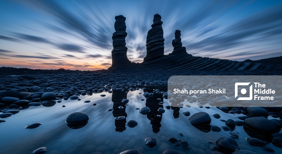 A rock formation in the desert, in the middle of the water.