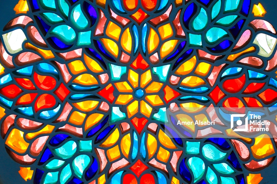 A stained glass window in the church