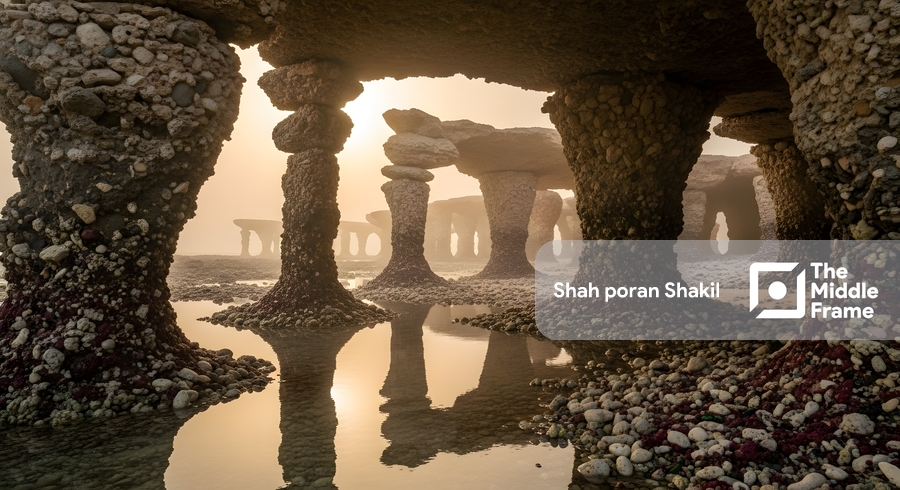 A rock formation in the desert, in the middle of the water.