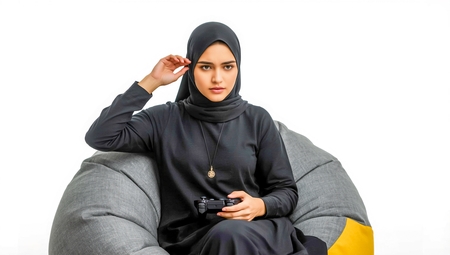A woman sitting on a beanbag chair