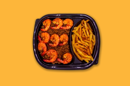 Shrimp with rice and fries