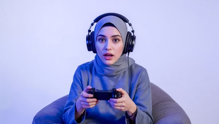 An AI-generated photo of a woman sitting and playing video games