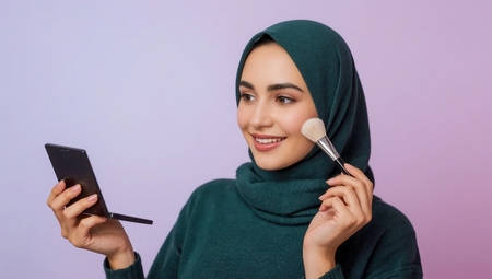 A woman in a green clothes holding a brush and a mirror