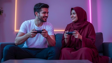 A couple sitting on a couch playing video games