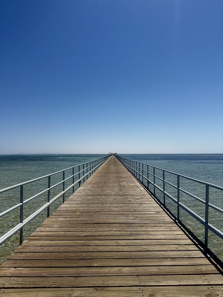 A beautiful picture of a deck leading to the horizon