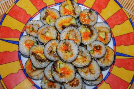 A plate full of sushi rolls