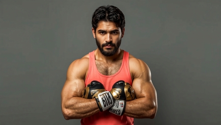 A man with a beard and a red tank top, standing in front of a gray background