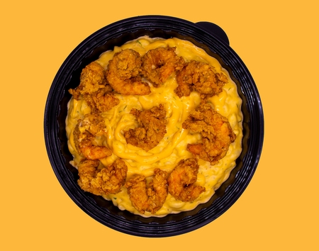Fried shrimp mac and cheese bowl
