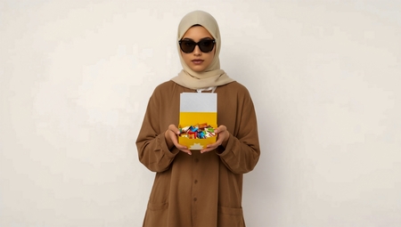 A woman in a brown dress holding a box of chocolate