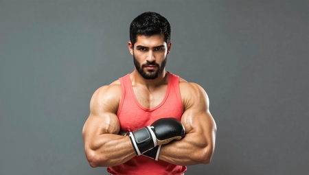 A Man with a beard and a red tank top is posing with his arms crossed