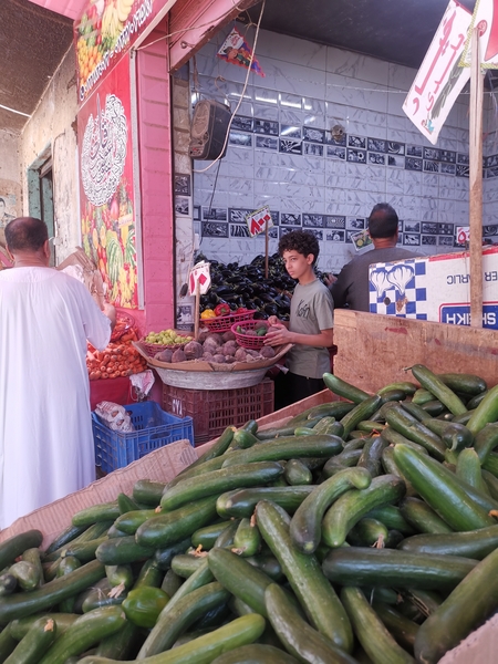 A teenager an two men selling vegetables in Egypt